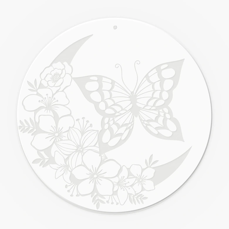 Acrylglasbild, Fensterbild zum Aufhängen Schmetterling im Blumenmond - Rund 