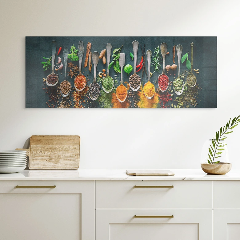 Acrylglasbild Bunte Vielfalt an Gewürzen - Panorama 