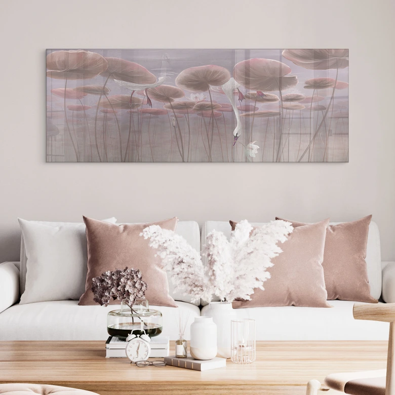 Acrylglasbild Lotusblumen mit Schwan im Wasser in Altrosa - Ms Tiff - Panorama 