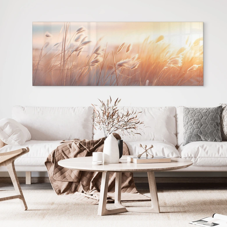 Acrylglasbild Dünengras in der Abendsonne - Treechild - Panorama 