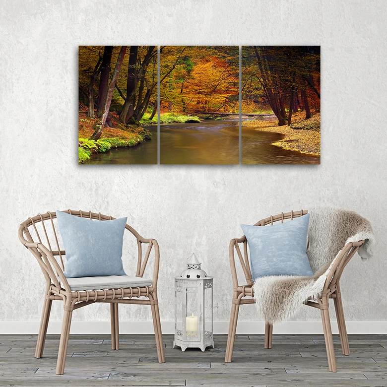 Leinwandbild 3-teilig, Herbstwald Fluss 