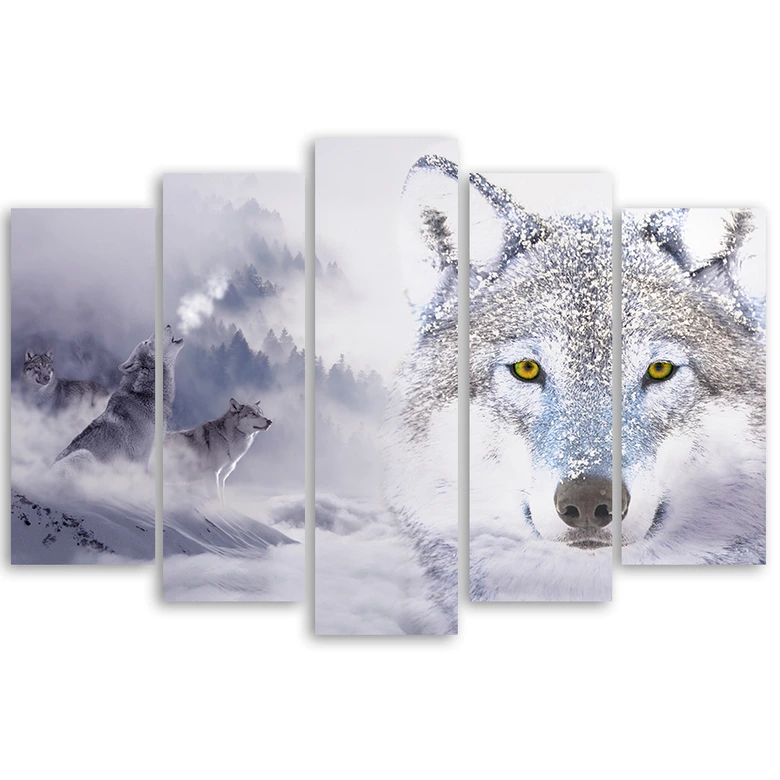 Wandbild 5-teilig, Wolf Wald Nebel Natur Grau 