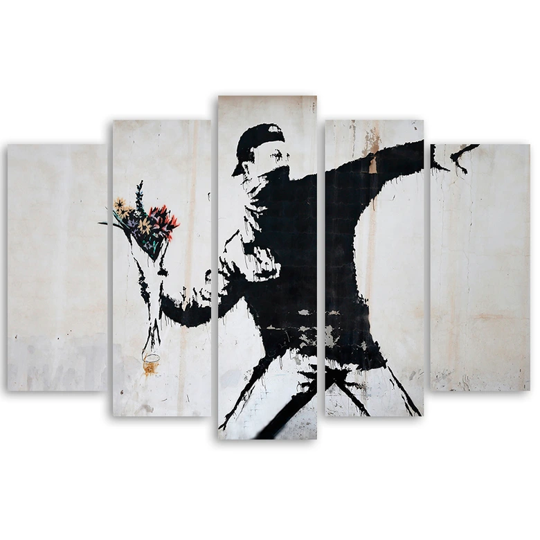 Leinwandbild 5 teilig, Banksy Graffiti Kunst Blumen 