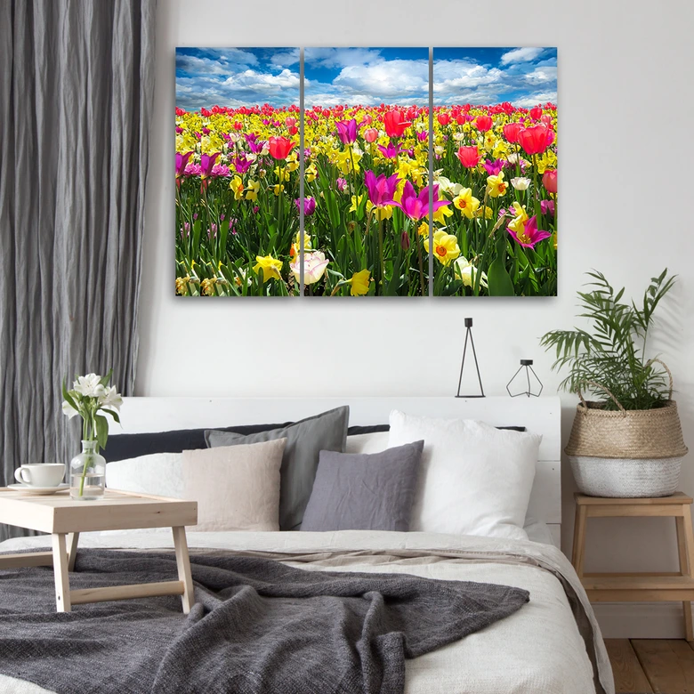 Leinwandbild 3-teilig, Bunte Tulpen Blumen Natur 