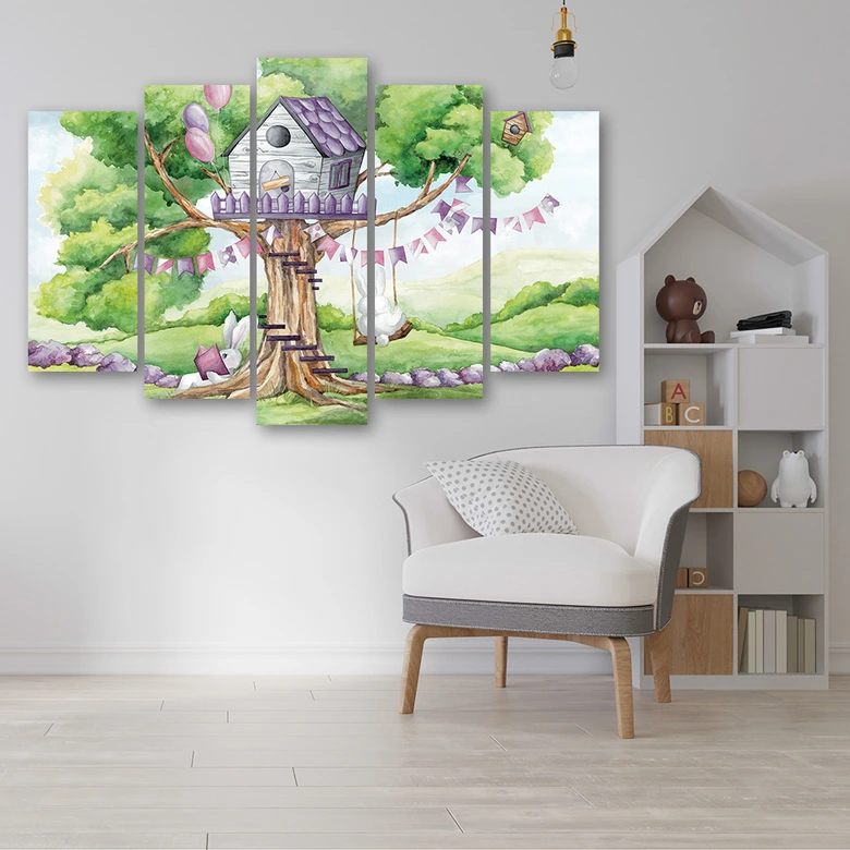 Leinwandbild 5 teilig, Weiße Kaninchen Hütte auf dem Baum 