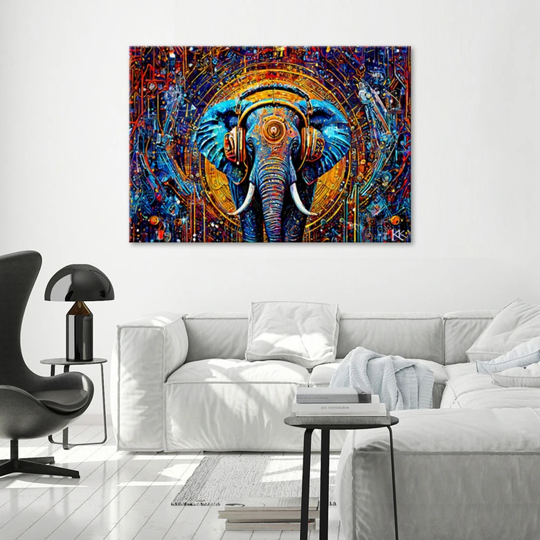 Canvas Schilderij, Olifant in koptelefoon abstractie 