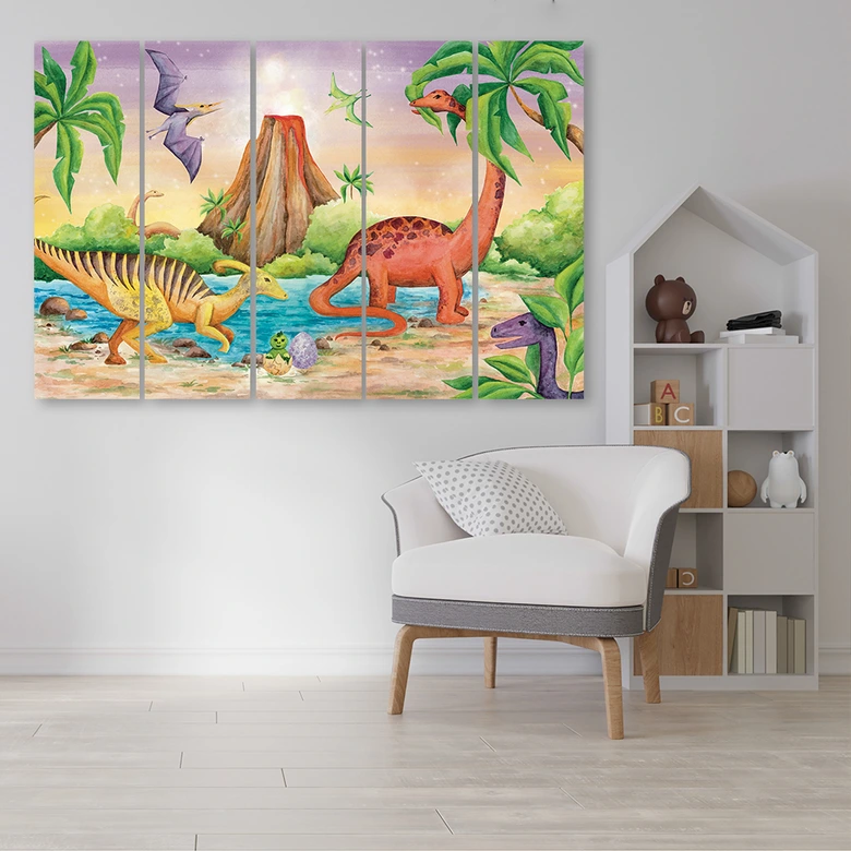 Leinwandbild 5 teilig, Dinosaurier am See 