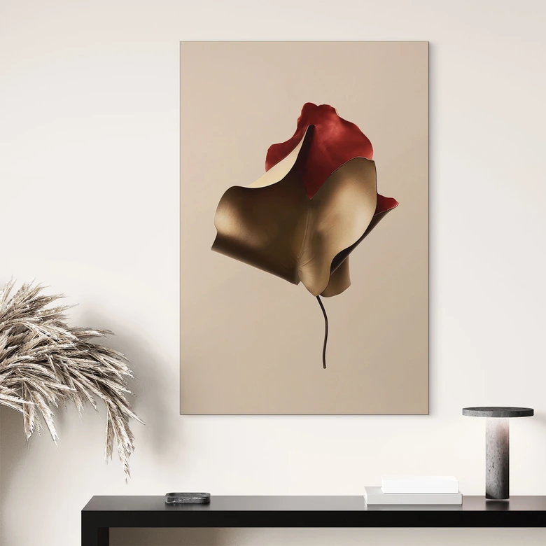Wandbild Elegantes Blatt in Gold und Rot - Alma - Alu-Dibond 