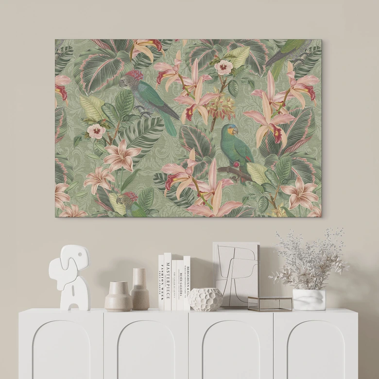 Wandbild Dschungel mit Papageien Grün - Bloomery Decor - Alu-Dibond 