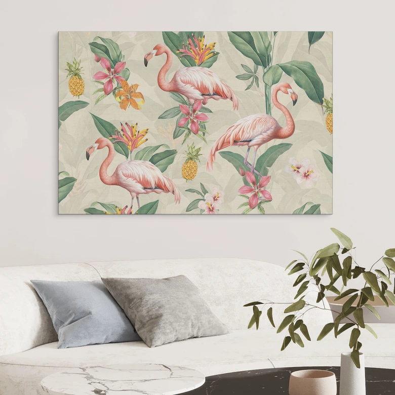 Wandbild Flamingo und tropische Blätter - Bloomery Decor - Alu-Dibond 