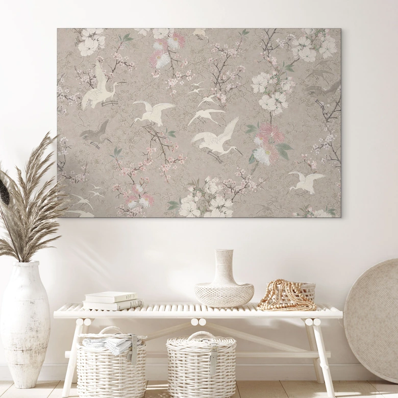 Wanddecoratie Kraanvogels in Kersenbloesem Rush Beige - Bloomery Decor - Aluminium Dibond 