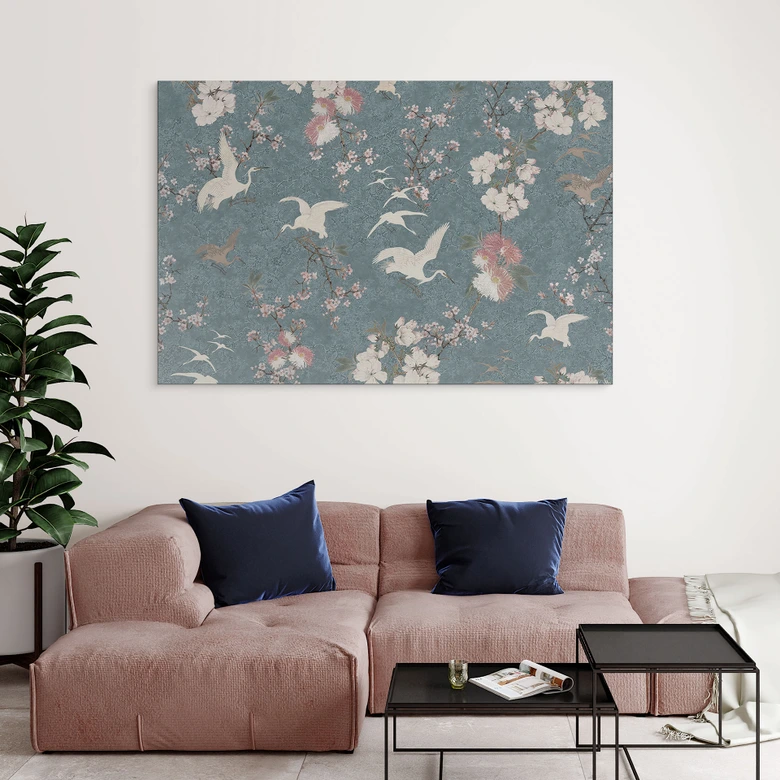 Wandbild Kraniche im Kirschblüten-Rausch Blau - Bloomery Decor - Alu-Dibond 