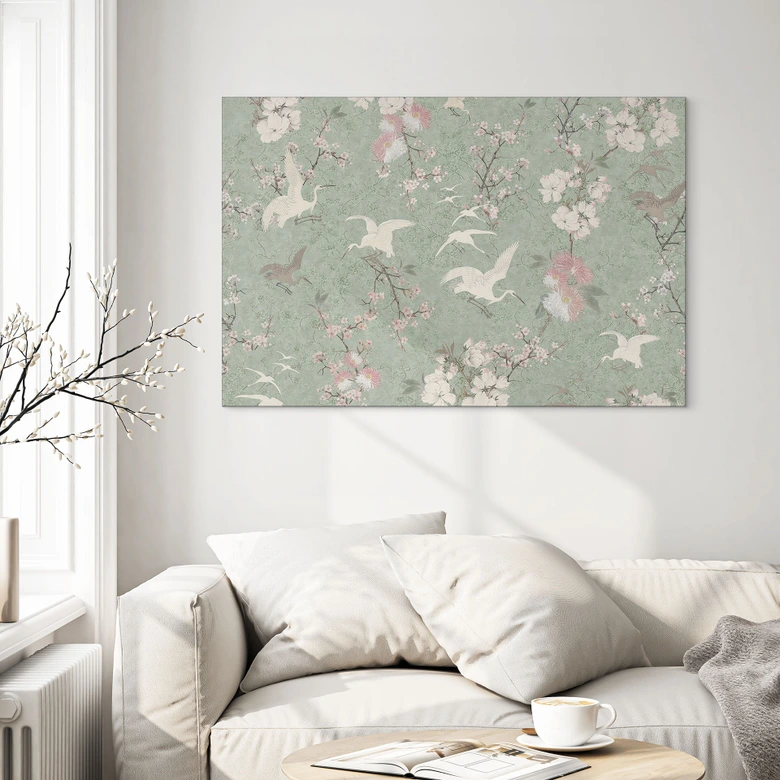 Wandbild Kraniche im Kirschblüten-Rausch Grün - Bloomery Decor - Alu-Dibond 