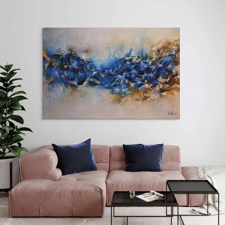 Wandbild Blau-goldene Interaktion - Fedrau - Alu-Dibond 