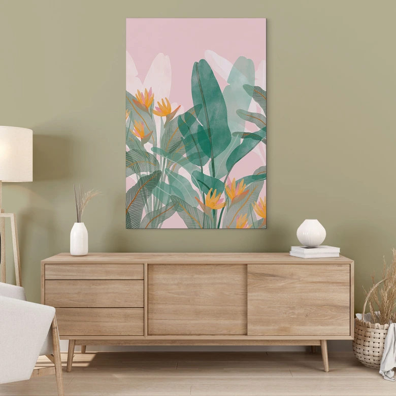 Wandbild Botanische Illustration in Grün und Rosa - Goed Blauw - Alu-Dibond 