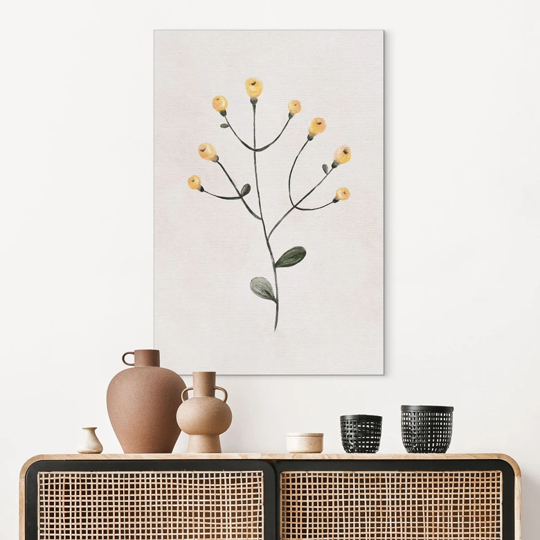 Wandbild Zarte Pflanze mit gelben Blüten - Goed Blauw - Alu-Dibond 