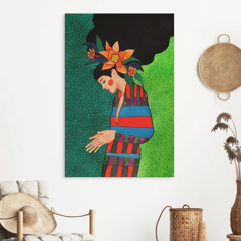 Wandbild Frau im Streifenkleid mit orangen Blüten - Hülya - Alu-Dibond 