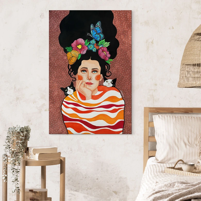 Wandbild Frau mit Blumenkrone und Katzen - Hülya - Alu-Dibond 