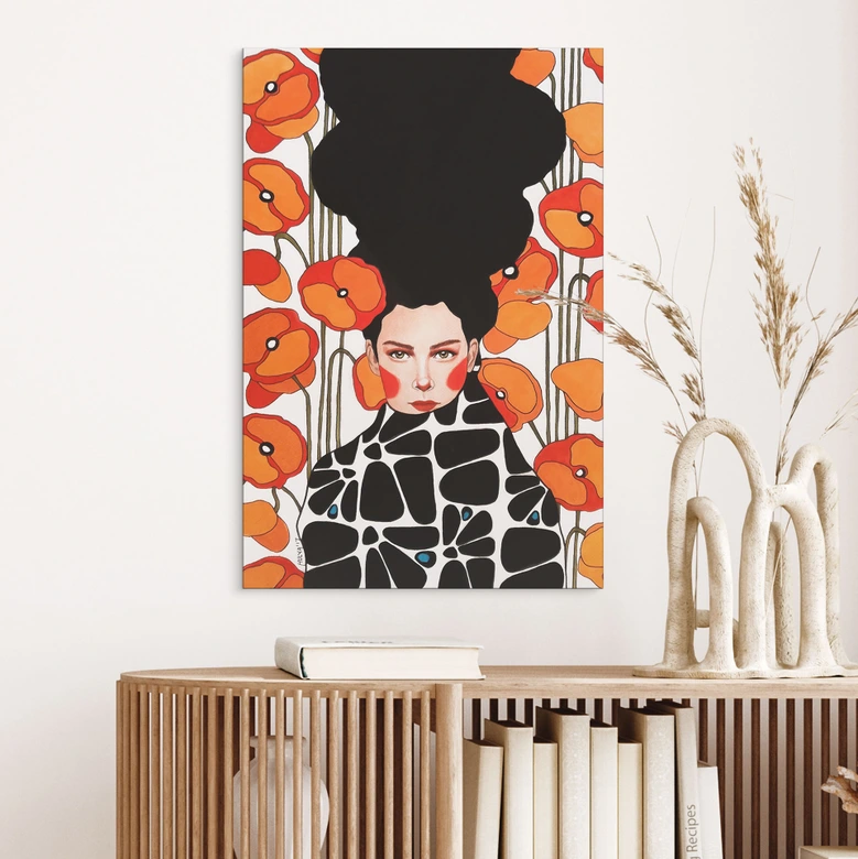 Wandbild Frau mit Retro-Mohnblumen - Hülya - Alu-Dibond 