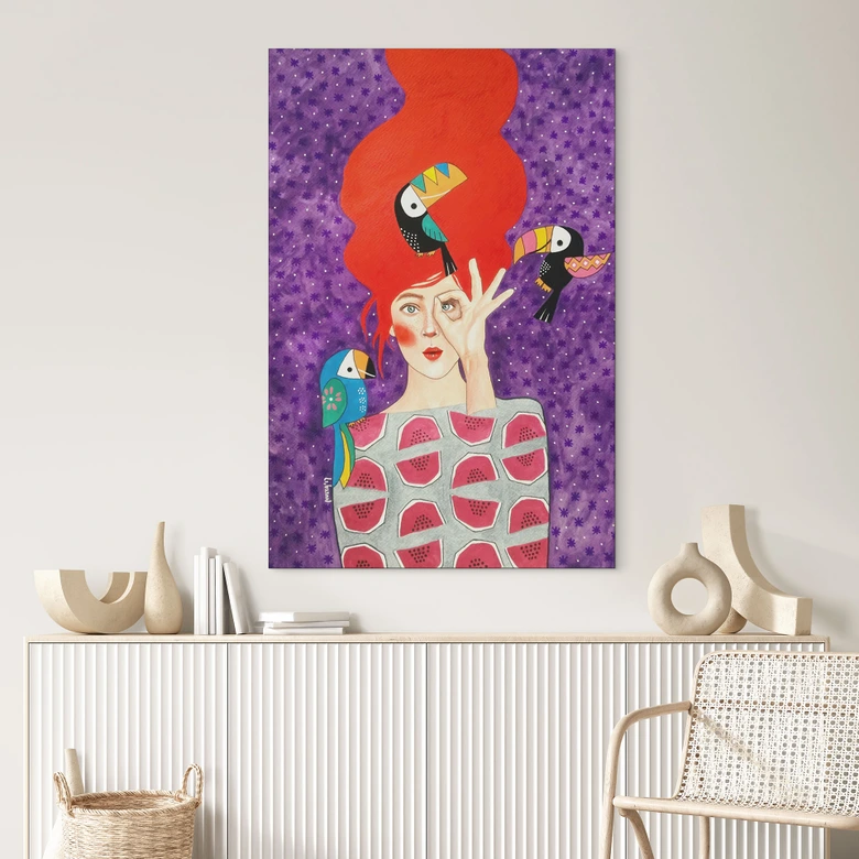 Wandbild Frau mit Tukan-Trio - Hülya - Alu-Dibond 