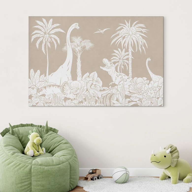 Wandbild Dinosaurier im wilden Dschungel - Braun - Kikki Belle - Alu-Dibond 