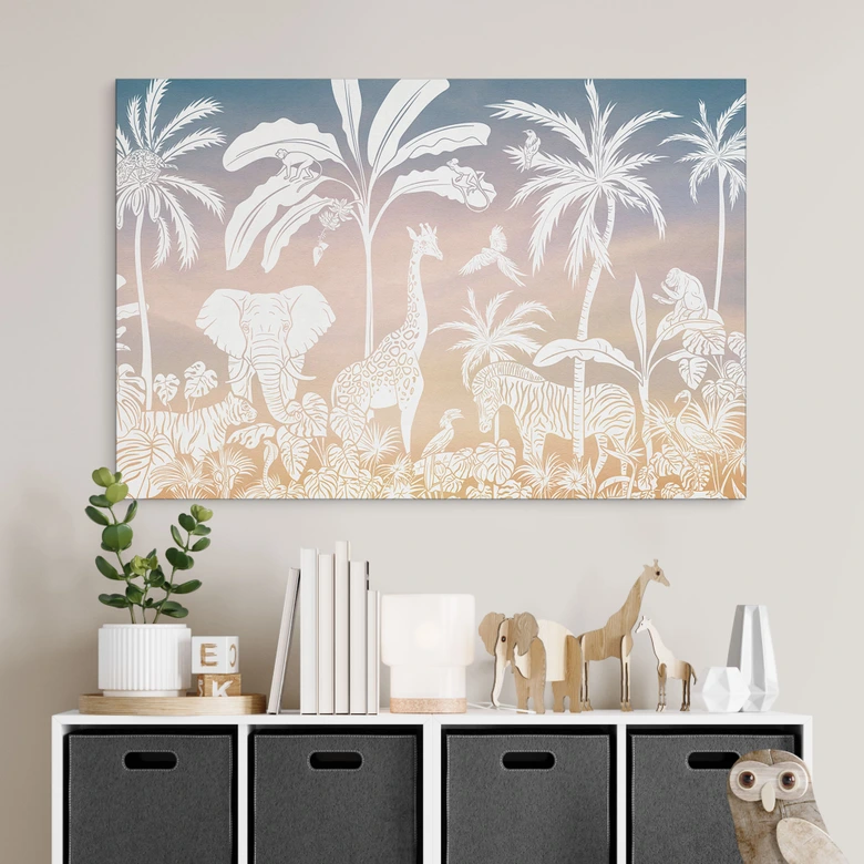 Wandbild Dschungelparadies mit Wildtieren - Ombre - Kikki Belle - Alu-Dibond 