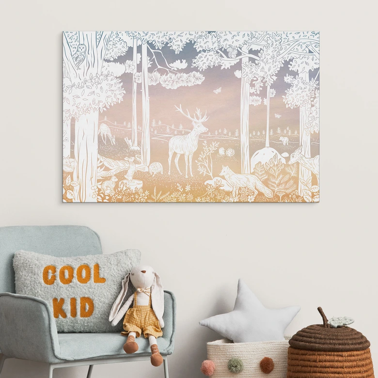 Wandbild Friedlicher Wald mit Hirschen und Füchsen - Ombre - Kikki Belle - Alu-Dibond 