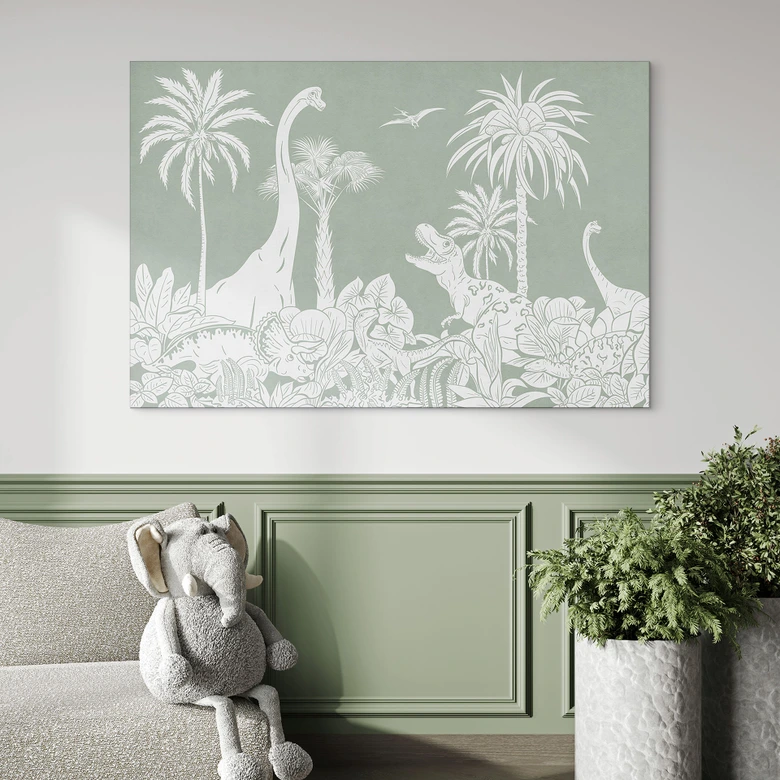 Wandbild Grüne Urzeitwelten - Dinosaurier unter Palmen - Kikki Belle - Alu-Dibond 