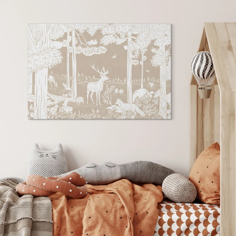 Fototapet Efterårsskov med hjorte og ræve - Brun - Kikki Belle - Aluminium dibond 