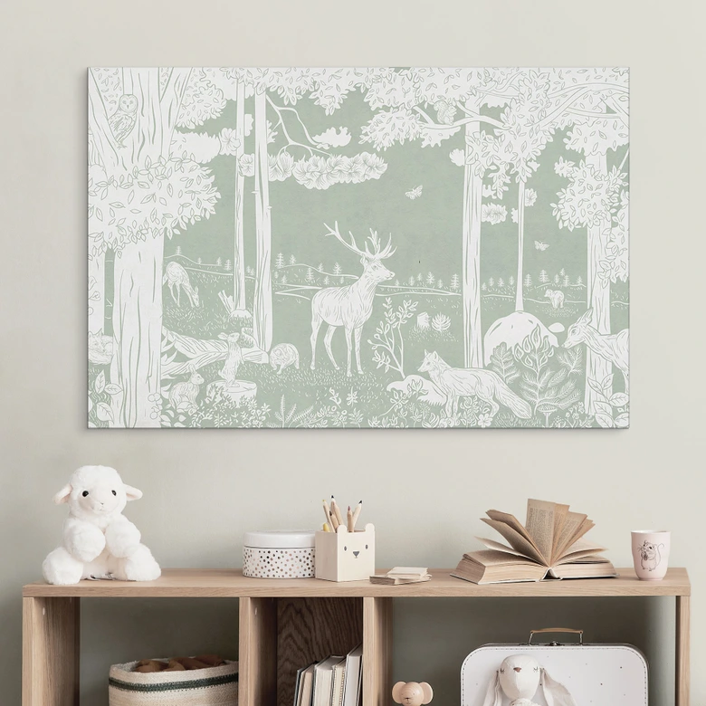Wandbild Waldidylle in Grün - Oase für Wildtiere - Kikki Belle - Alu-Dibond 