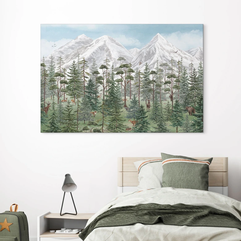 Wandbild Waldtiere im grünen Alpenwald - Kikki Belle - Alu-Dibond 