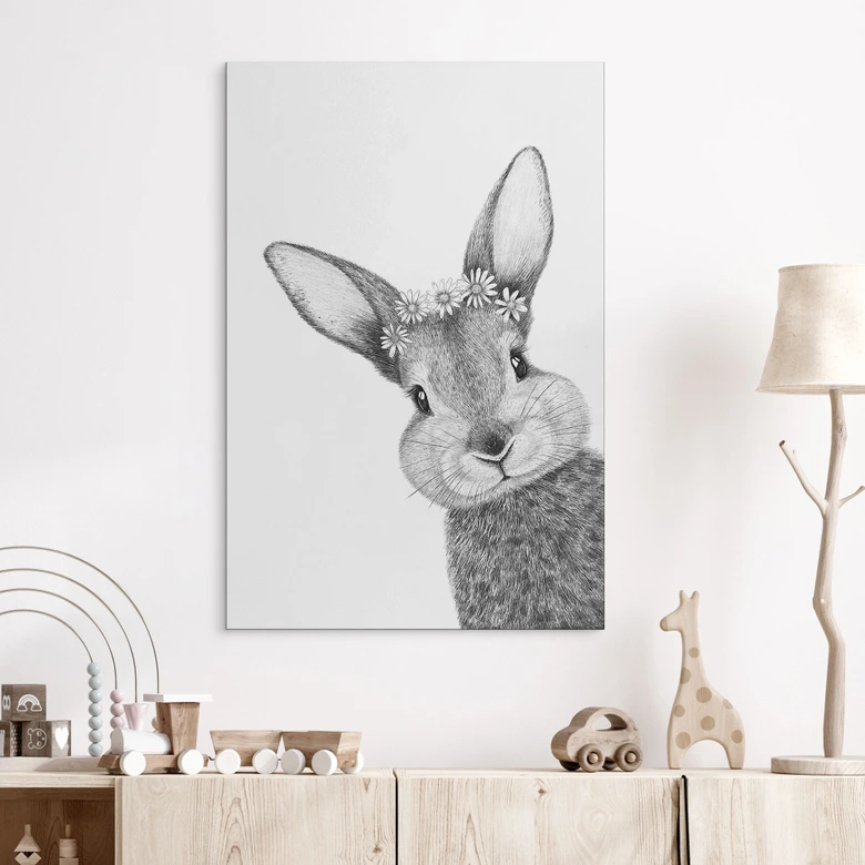 Wandbild Niedlicher Hase mit Kamillenblumen - Korenkova - Alu-Dibond 