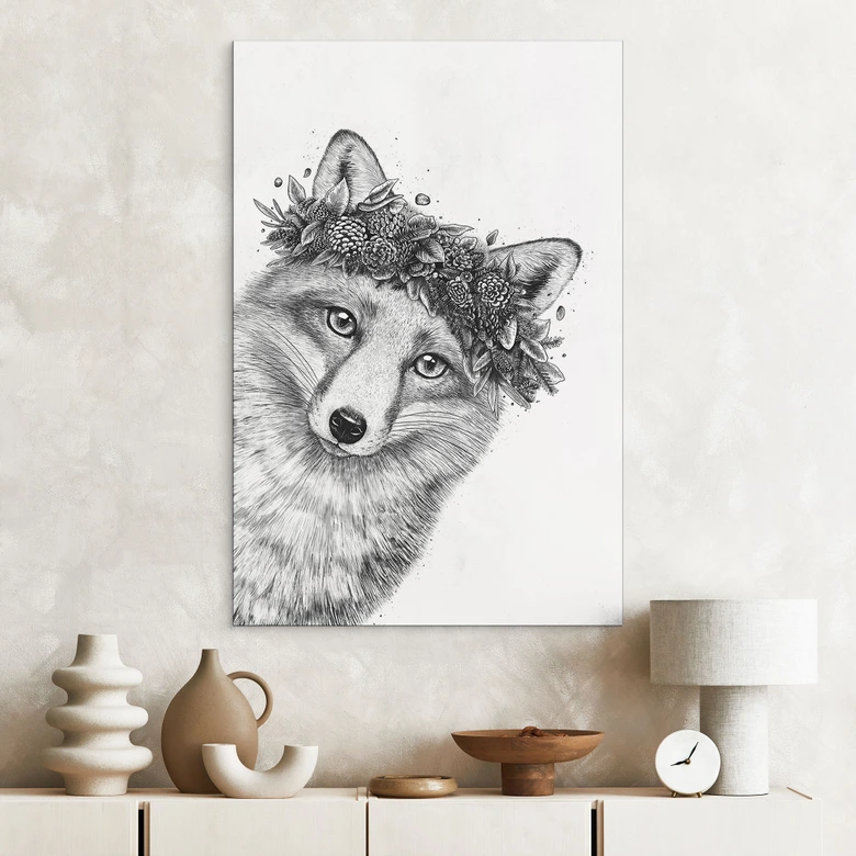 Wandbild Schwarz-weißer Fuchs mit Blumenkranz - Korenkova - Alu-Dibond 