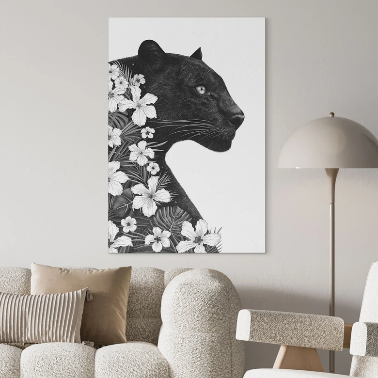 Wandbild Schwarzer Panther mit weißen Blumen - Korenkova - Alu-Dibond 