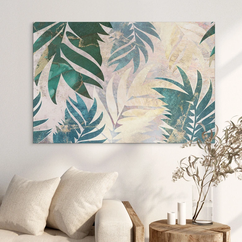 Wandbild Exotische Palmenblätter in Gold-grün - Manovski - Alu-Dibond 
