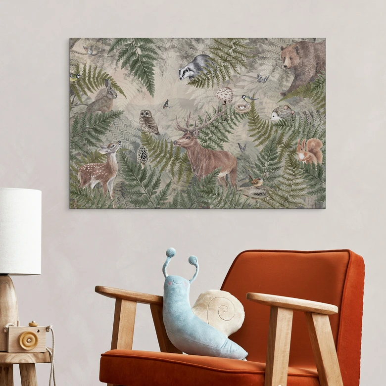 Wandbild Waldtiere zwischen Farn und Blättern - Ms Tiff - Alu-Dibond 