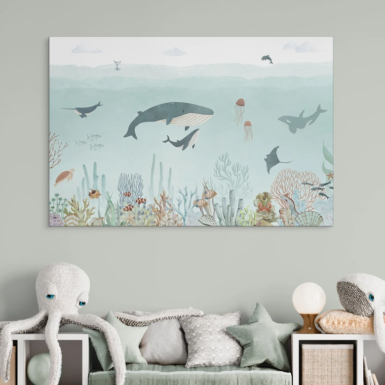 Wandbild Unterwasser-Abenteuer mit Meerestieren - Blau - Oliver Robins - Alu-Dibond 