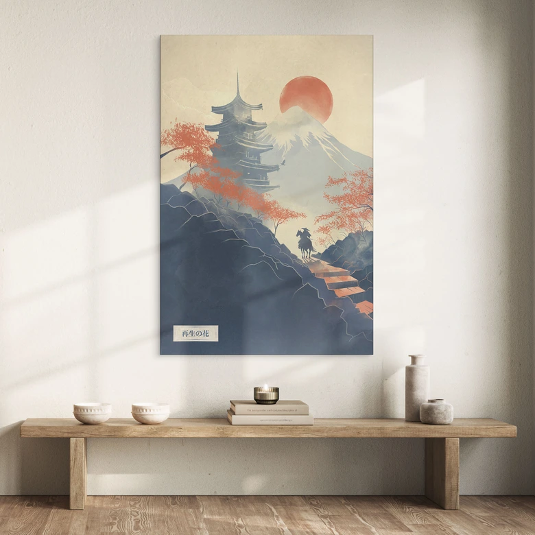Wandbild Sonnenaufgang über der Pagode - Roze - Alu-Dibond 