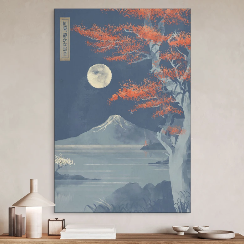 Wandbild Vollmond über dem Gipfel des Fuji-san - Roze - Alu-Dibond 