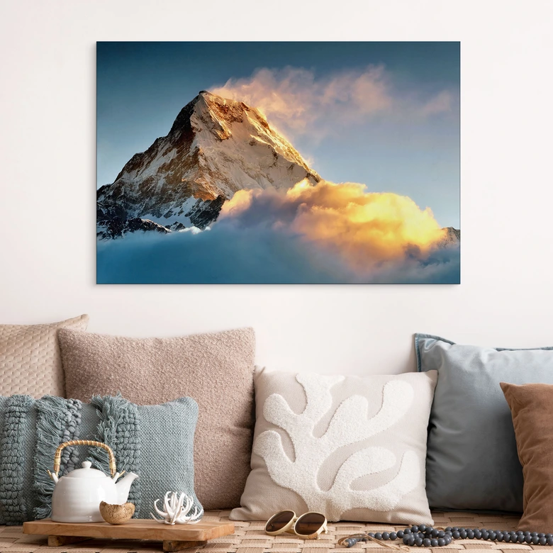 Wandbild Sonnenaufgang über dem schneebedeckten Berg - Annapurna Himal - Alu-Dibond 