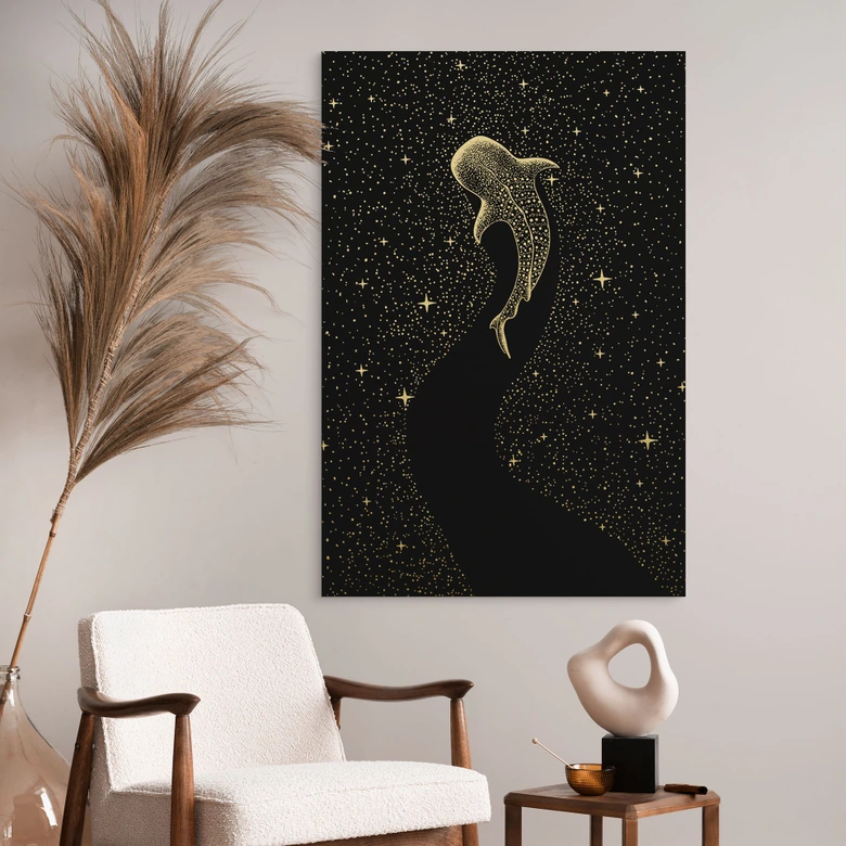 Wandbild mit Goldeffekt Walhai im Ozean der Sterne - Cakir - Alu-Dibond 