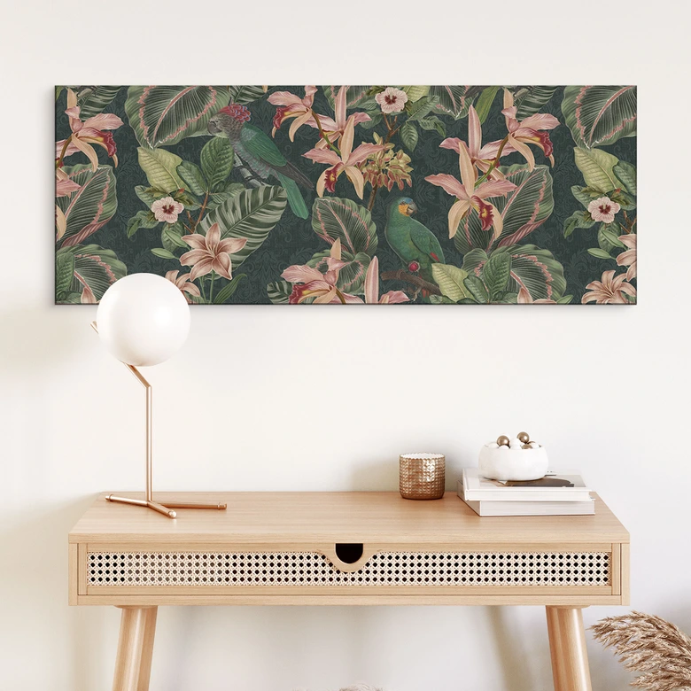 Wandbild Dschungel mit Papageien Nachtgrün - Bloomery Decor - Alu-Dibond Panorama 