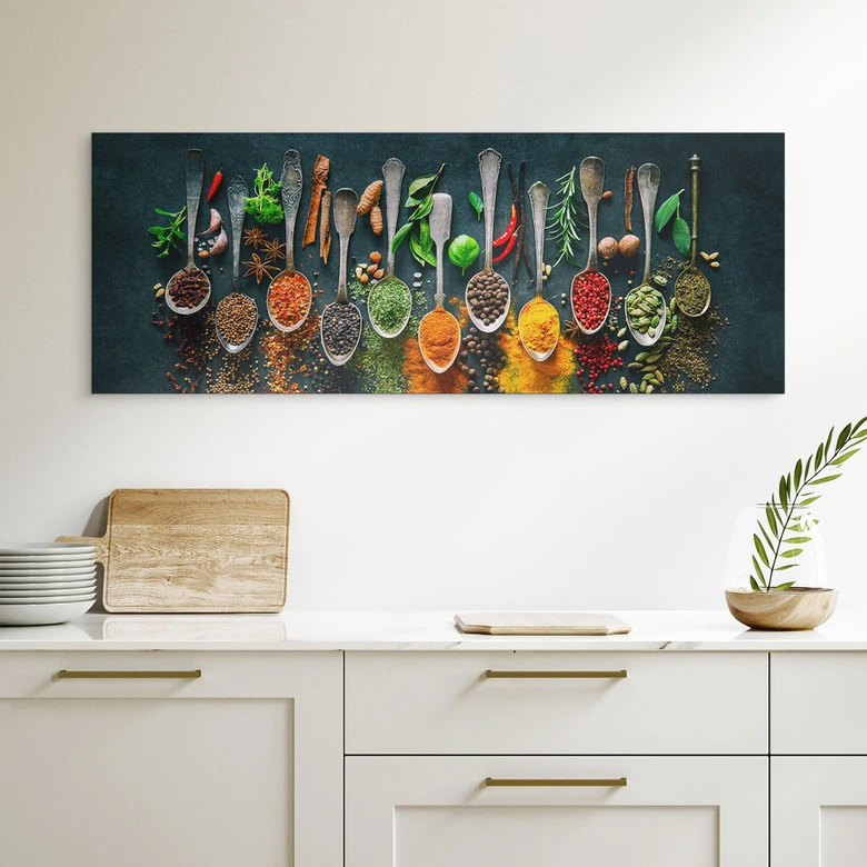 Wandbild Bunte Vielfalt an Gewürzen - Panorama - Alu-Dibond 