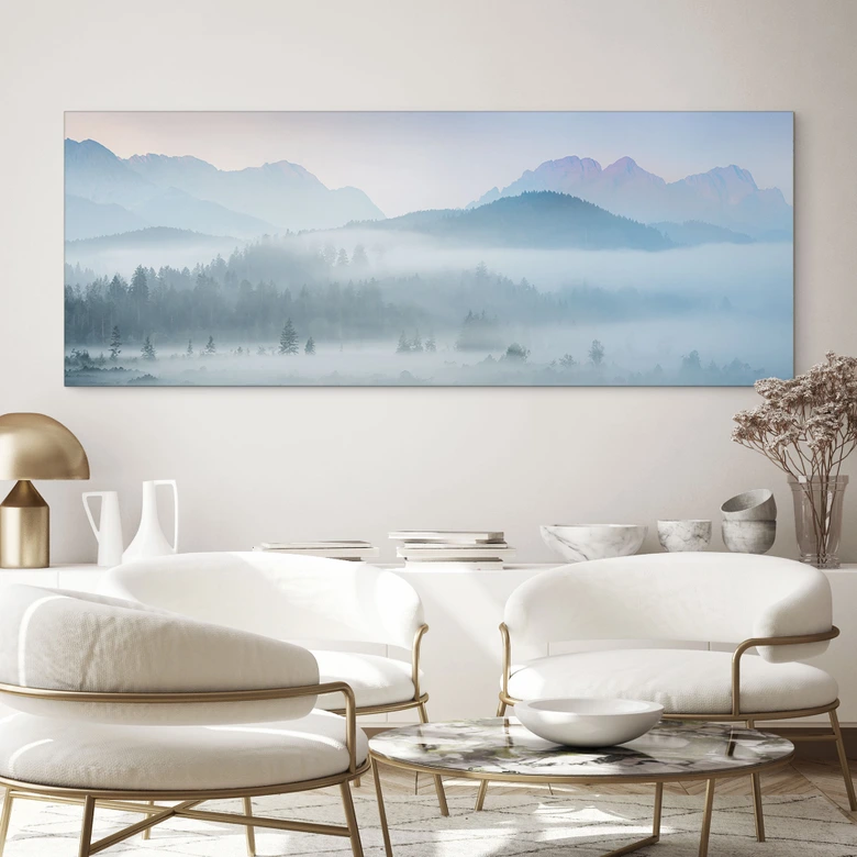 Wanddecoratie Mistig boslandschap in herfst - Eisenmann - Alu-Dibond Panorama 