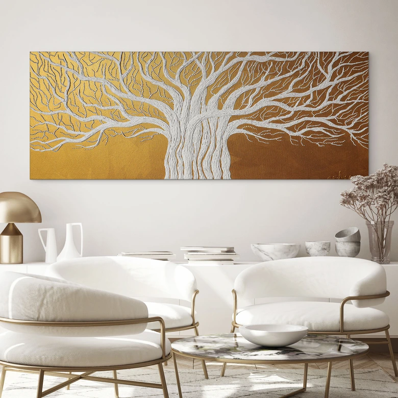Wandbild Weißer Lebensbaum abstrakt - Grande - Alu-Dibond Panorama 
