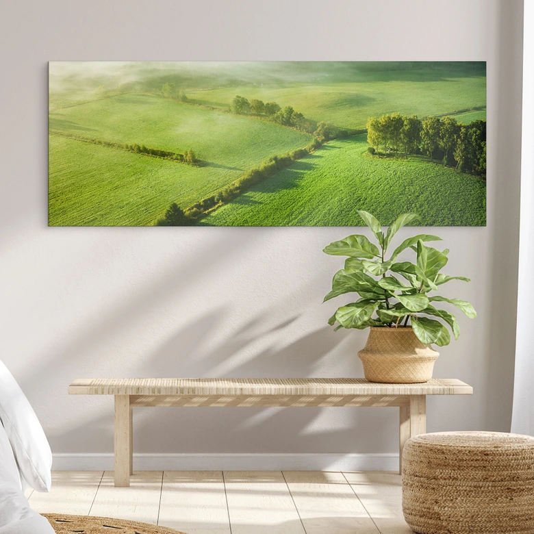 Wandbild Idyllische Felder im Nebel - Keller - Panorama - Alu-Dibond 