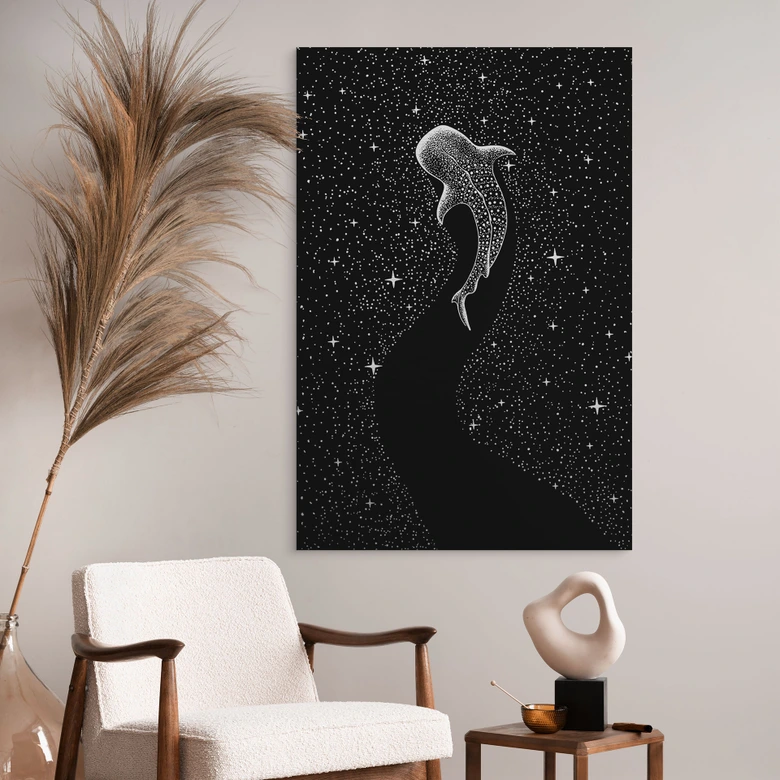 Wandbild mit Silbereffekt Walhai im Ozean der Sterne - Cakir - Alu-Dibond 