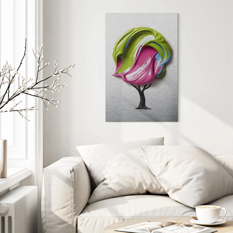 Wanddecoratie met zilvereffect boom met kleurrijke 3D kroon - Mielu - Alu-Dibond 