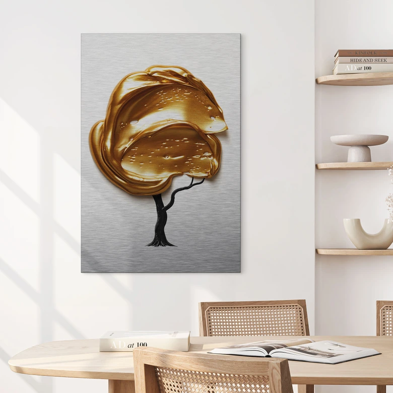 Wandbild mit Silbereffekt Baum mit goldener 3D-Krone - Mielu - Alu-Dibond 