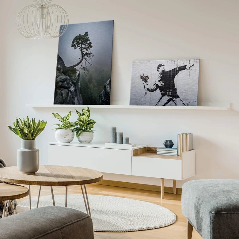 Alu-Dibond mit Silbereffekt Banksy - Der Blumenwerfer 